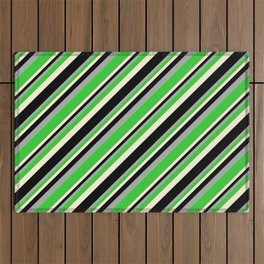 [ Thumbnail: Dark Grey, Lime Green, Light Yellow, and Black Colored Pattern of Stripes Outdoor Rug ]