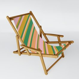 [ Thumbnail: Goldenrod, Sea Green, Brown, and Pink Colored Striped/Lined Pattern Sling Chair ]