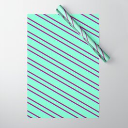 [ Thumbnail: Aquamarine, Brown, and Dark Violet Colored Pattern of Stripes Wrapping Paper ]