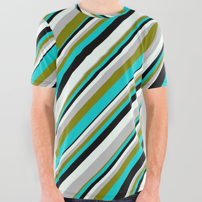 Colorful Grey, Green, Dark Turquoise, Black, and Mint Cream Colored Lined/Striped Pattern All Over Graphic Tee