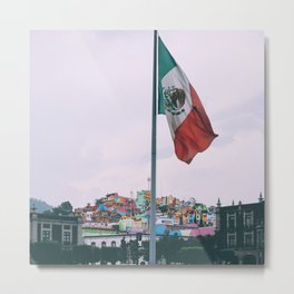 Mexico Photography - The Mexican Flag In Front Of A Colorful City Metal Print