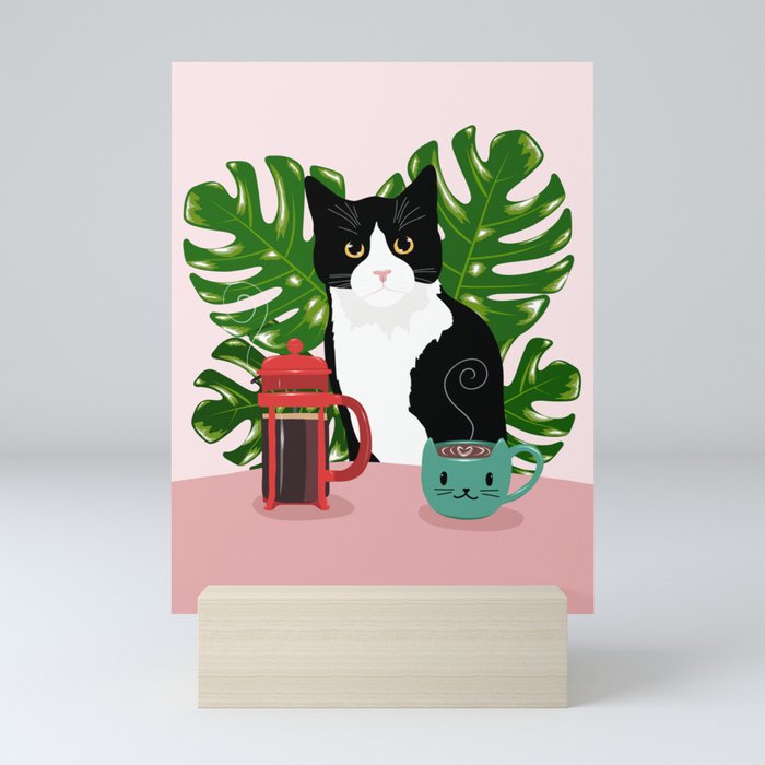 Tuxie Cat and Coffee Mini Art Print