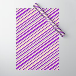 [ Thumbnail: Dark Violet, Grey, and Beige Colored Striped Pattern Wrapping Paper ]