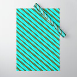 [ Thumbnail: Cyan and Dark Olive Green Colored Pattern of Stripes Wrapping Paper ]
