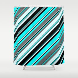 [ Thumbnail: Aqua, Dim Gray, Light Cyan & Black Colored Lines/Stripes Pattern Shower Curtain ]