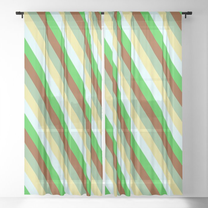 Dark Sea Green, Tan, Light Cyan, Lime Green, and Brown Colored Pattern of Stripes Sheer Curtain