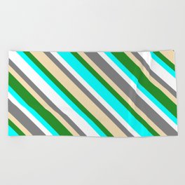 [ Thumbnail: Colorful Grey, Tan, Forest Green, Aqua & White Colored Pattern of Stripes Beach Towel ]