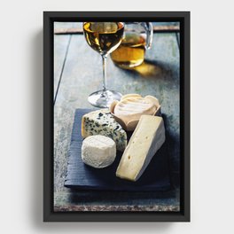 Various types of cheese and white wine Framed Canvas