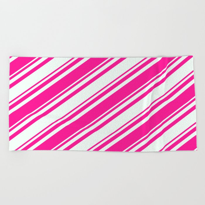 Deep Pink and Mint Cream Colored Lines/Stripes Pattern Beach Towel