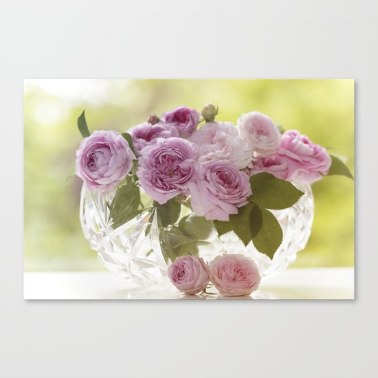 Wonderful English Roses in a crystal bowl- Rose-Flowers- Canvas Print