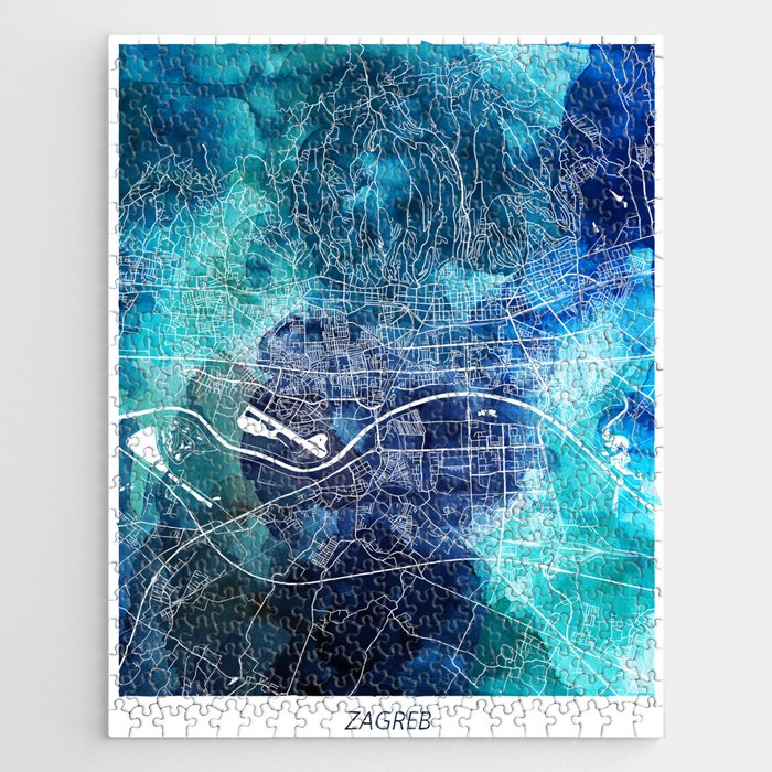Zagreb Map Navy Blue Turquoise Watercolor Zagreb Croatia City Map Jigsaw Puzzle