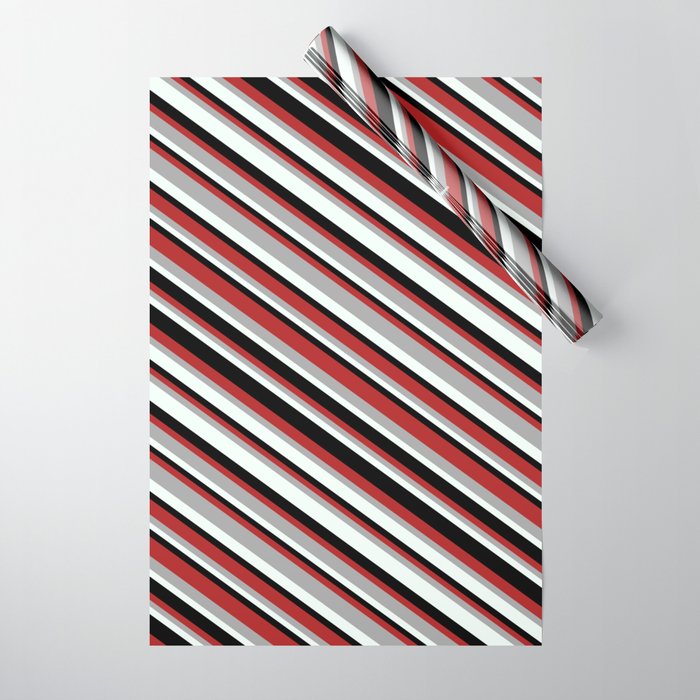 Red, Dark Grey, Mint Cream, and Black Colored Pattern of Stripes Wrapping Paper