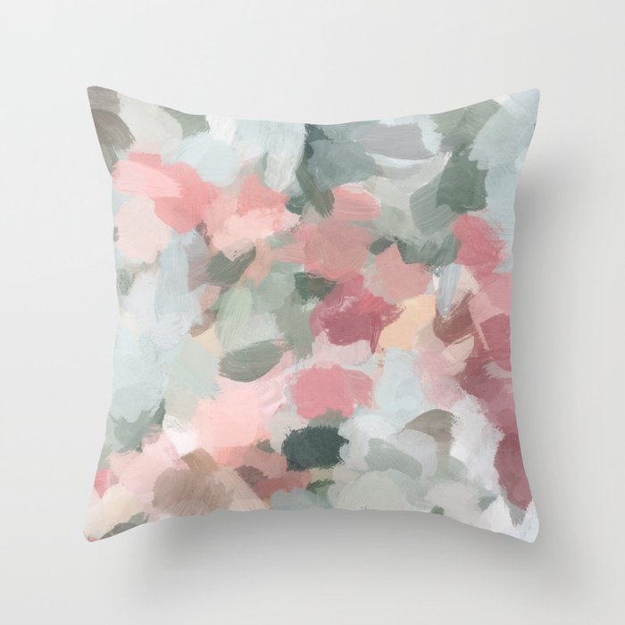 Tropical Winds - Blue Sage Green Coral Pink Flowers in the Abstract Nature Painting Art Print Throw Pillow