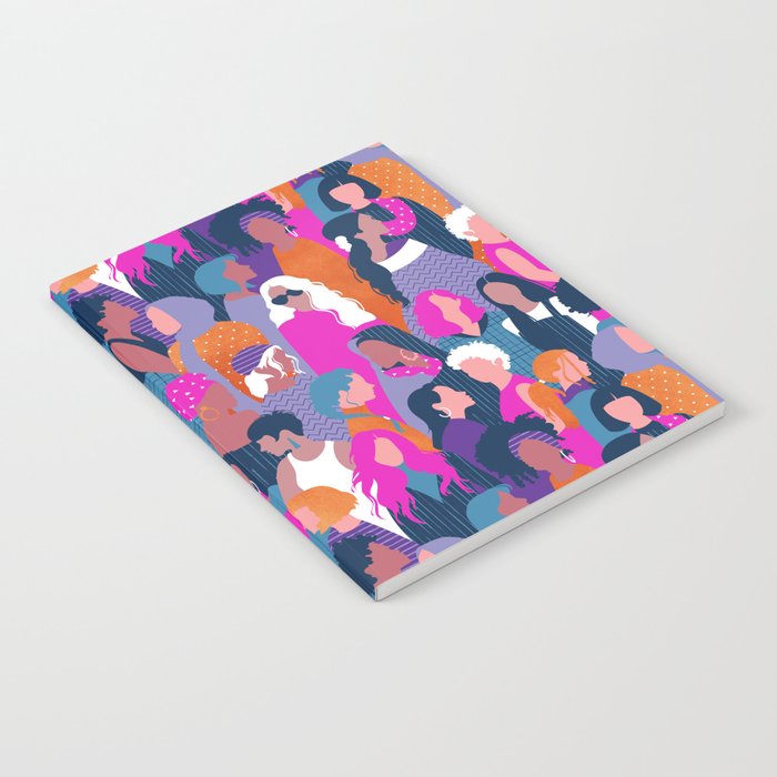 Every day we glow International Women's Day // midnight navy blue background violet purple curious blue shocking pink and orange copper humans  Notebook