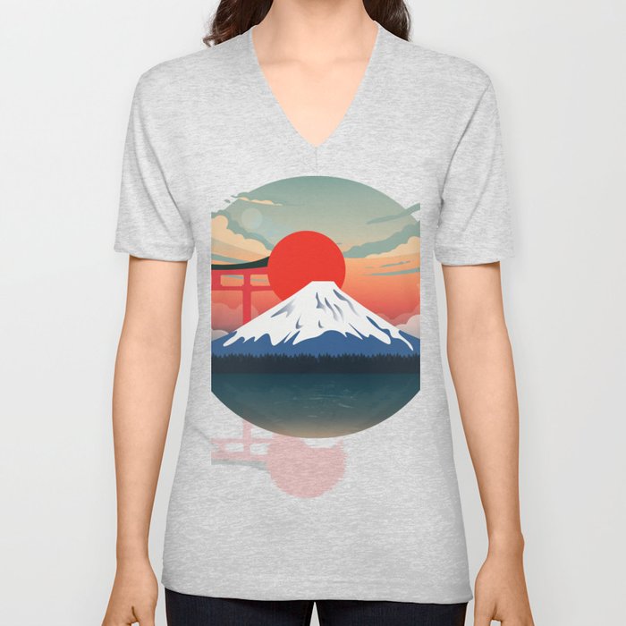 Sunset at Fuji Mountain V Neck T Shirt