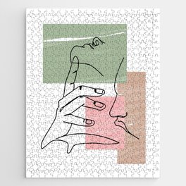 One continuous single drawn line art doodle curl loving kissing couple, kiss, love, hugs Jigsaw Puzzle