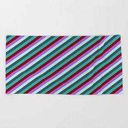 [ Thumbnail: Eyecatching Orchid, Turquoise, Dark Slate Gray, Light Sea Green & Maroon Colored Stripes Pattern Beach Towel ]