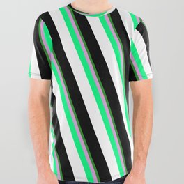[ Thumbnail: Colorful Forest Green, Plum, Green, White, and Black Colored Lines Pattern All Over Graphic Tee ]