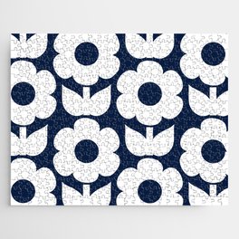 Primrose Flowers Retro Floral Pattern in Nautical Navy Blue and White Jigsaw Puzzle