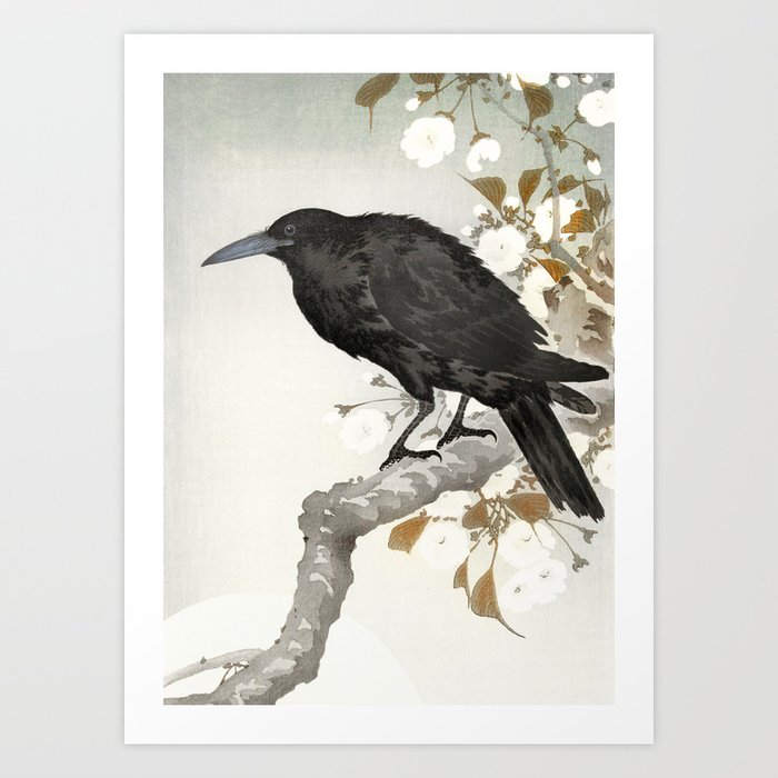 Crow sitting on a cherry  tree - Japanese vintage woodblock print art Art Print