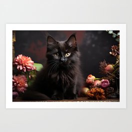 Cute Black Cat and Flowers Art Print