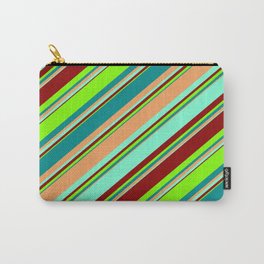 [ Thumbnail: Eyecatching Dark Cyan, Brown, Aquamarine, Dark Red, and Chartreuse Colored Striped/Lined Pattern Carry-All Pouch ]