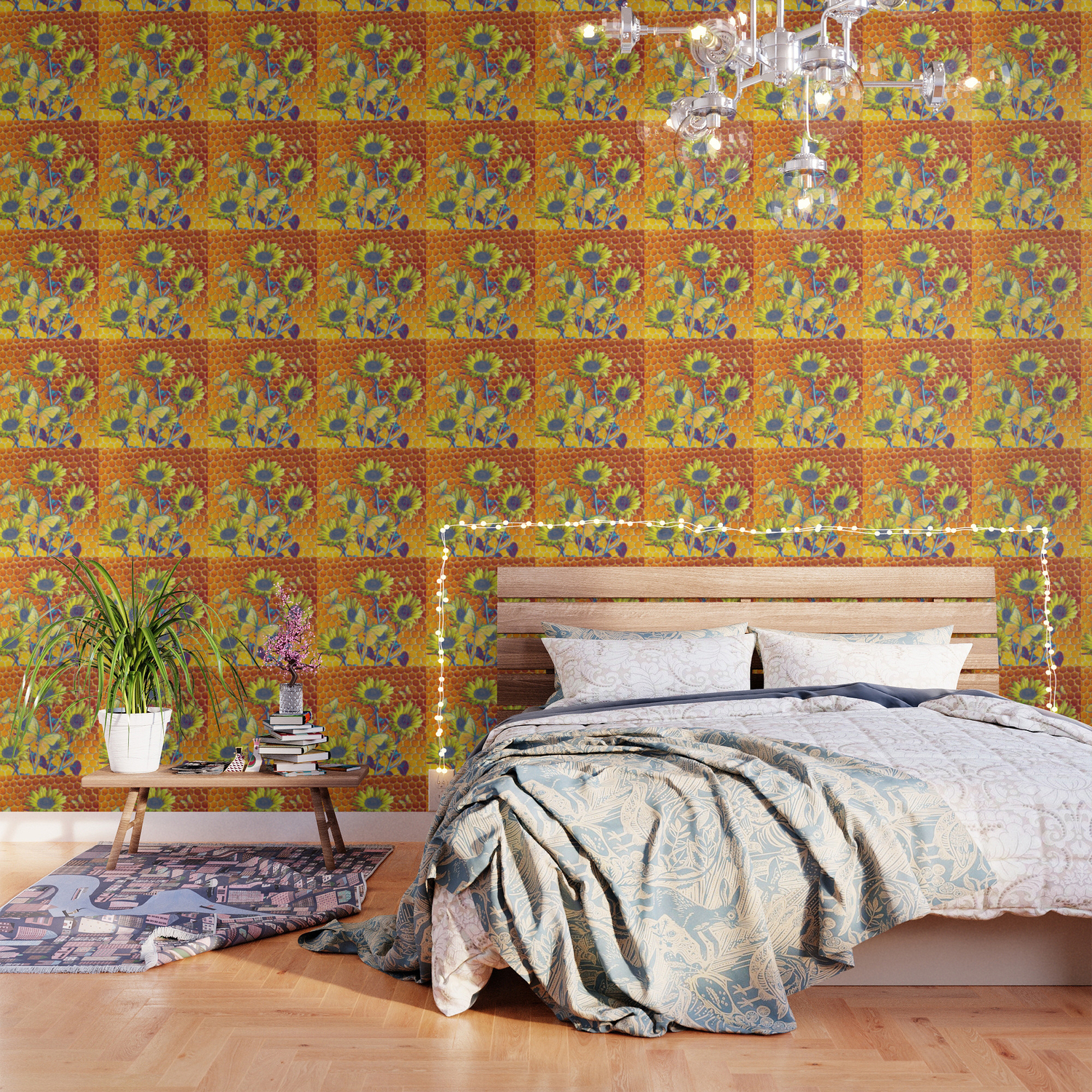 Grey Yellow Butterflies Sunflowers Artistic Honeycomb Drawing