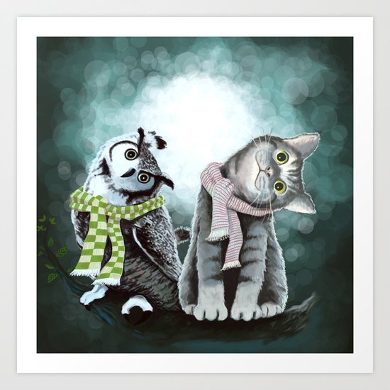 Cat and Owl Art Print