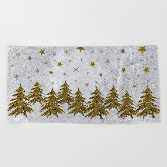 Sparkly Christmas tree, stars, moons on abstract paper Beach Towel