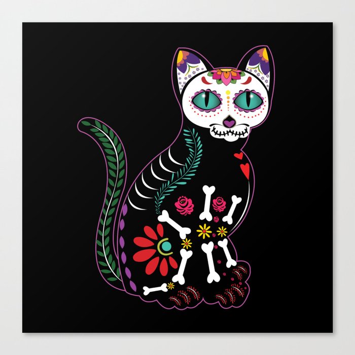 Muertos Day Of Dead Halloween Cat Sugar Skull Canvas Print