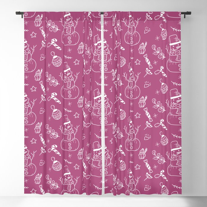 Magenta and White Christmas Snowman Doodle Pattern Blackout Curtain