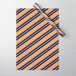 [ Thumbnail: Eyecatching Brown, Green, Dark Blue, Lavender & Black Colored Lines Pattern Wrapping Paper ]