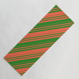 [ Thumbnail: Red and Forest Green Colored Striped Pattern Yoga Mat ]