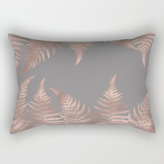 Rosegold pink metal fern leaves on grey background Rectangular Pillow