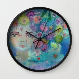 Watercolor flower girl portrait in blue Wall Clock
