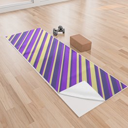 [ Thumbnail: Purple, Dark Slate Blue, and Tan Colored Striped Pattern Yoga Towel ]