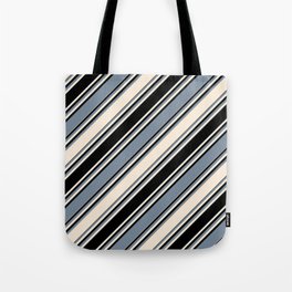 [ Thumbnail: Beige, Black & Light Slate Gray Colored Stripes/Lines Pattern Tote Bag ]