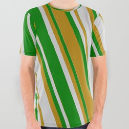 [ Thumbnail: Light Gray, Green & Dark Goldenrod Colored Lines Pattern All Over Graphic Tee ]