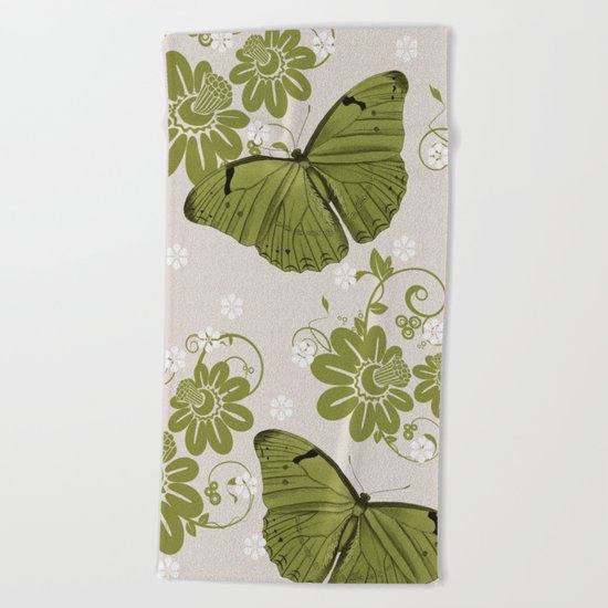 Green Butterflies & Flowers Beach Towel