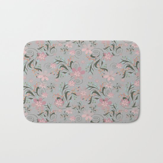Retro . Pink flowers on grey background . Bath Mat