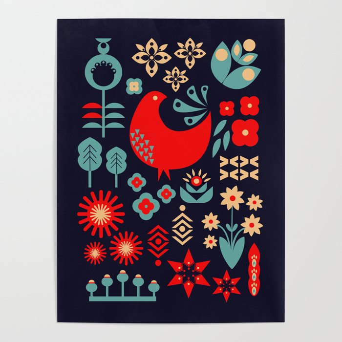 Merry Folk Holidays Collection - red&blue Poster