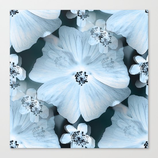 Flower-power - pastel blue flowers on a dark blue background Canvas Print