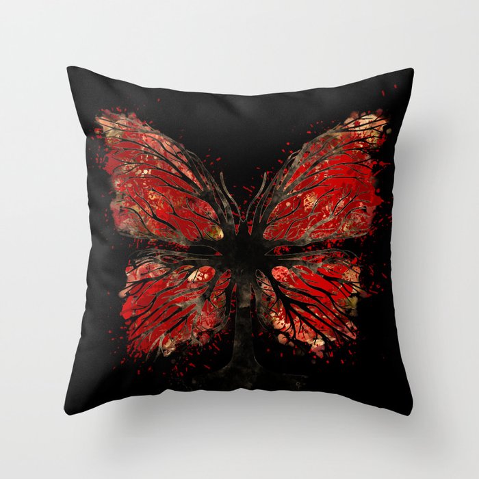 Butterfly Tree - Gold and Red Throw Pillow
