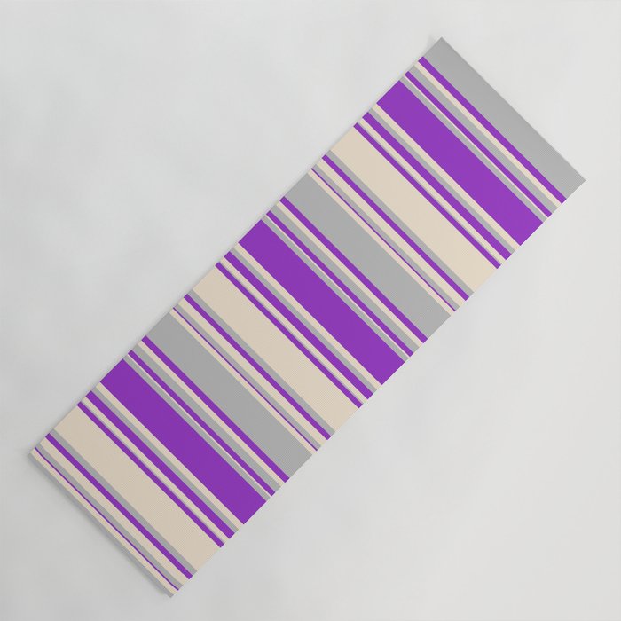 Grey, Dark Orchid & Beige Colored Stripes/Lines Pattern Yoga Mat