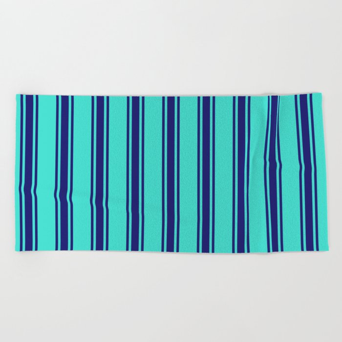 Turquoise & Midnight Blue Colored Pattern of Stripes Beach Towel