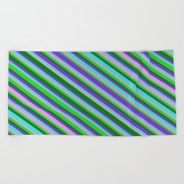 [ Thumbnail: Turquoise, Plum, Lime Green, Green & Purple Colored Lined Pattern Beach Towel ]