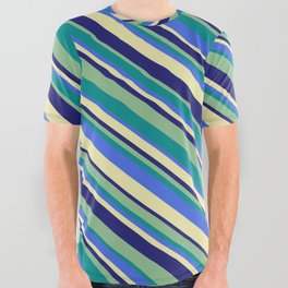 [ Thumbnail: Dark Sea Green, Dark Cyan, Royal Blue, Pale Goldenrod, and Midnight Blue Colored Stripes Pattern All Over Graphic Tee ]