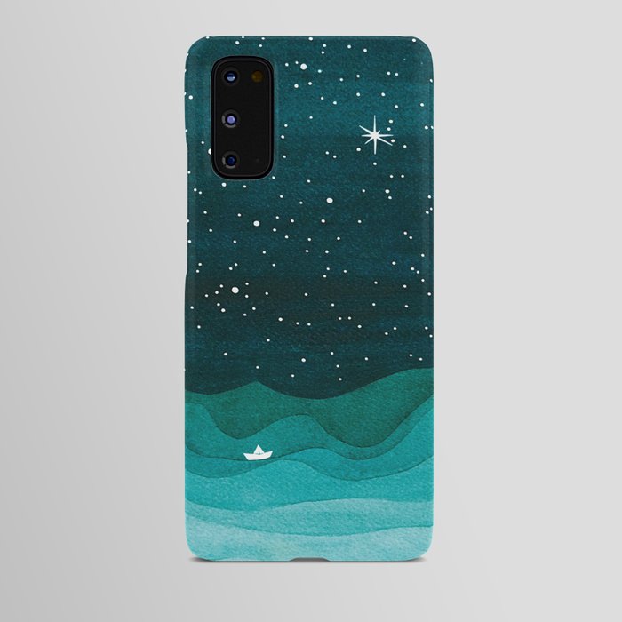 Starry Ocean, teal sailboat watercolor sea waves night Android Case