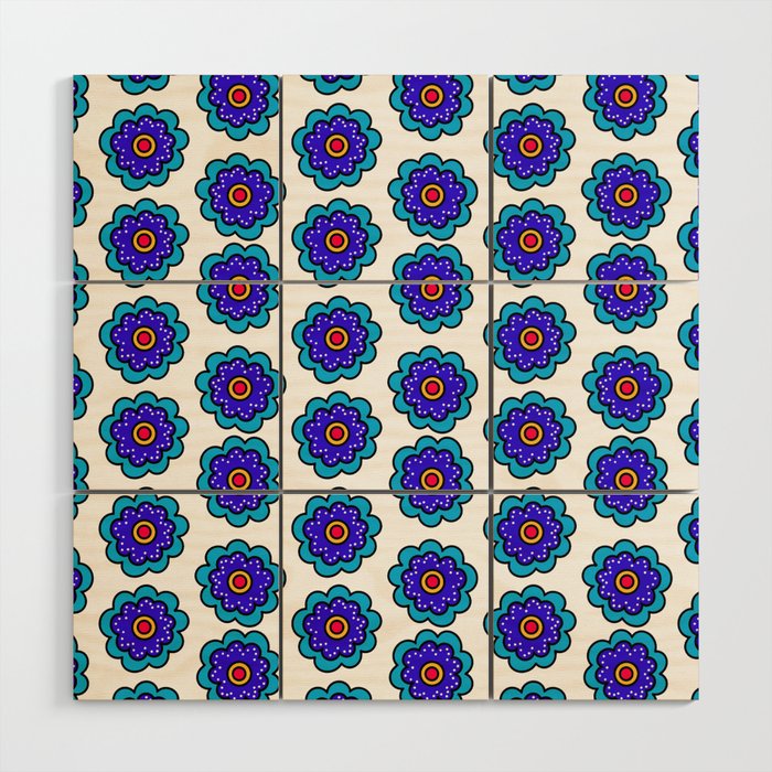 Simple Blue Flowers with Polka Dots on White Wood Wall Art