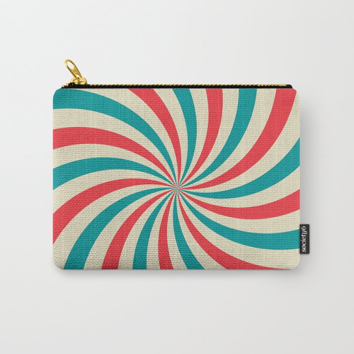 Retro background with curved, rays or stripes in the center. Rotating, spiral stripes. Sunburst or sun burst retro background. Turquoise and red colors. Vintage illustration Carry-All Pouch